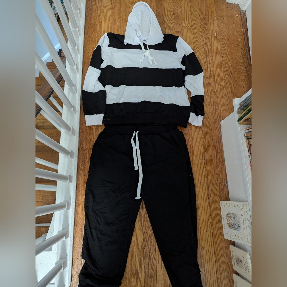 Black and White Striped Hoodie with Black Joggers